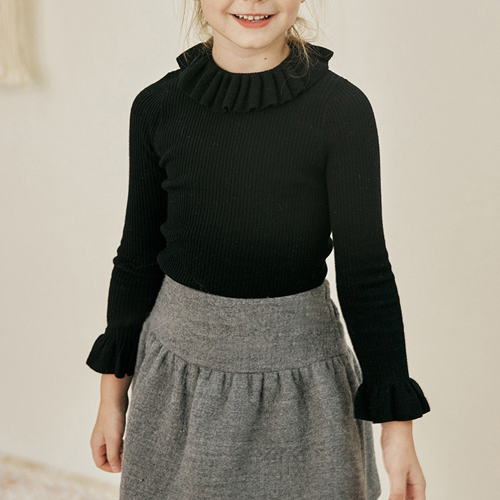荷叶领纯色百搭女孩儿童针织衫