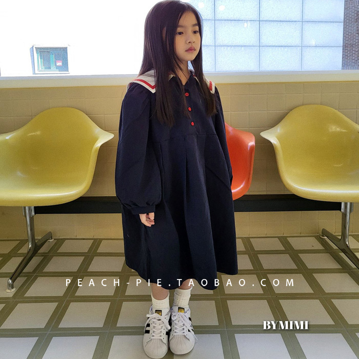 学院风翻领休闲连衣裙中大童