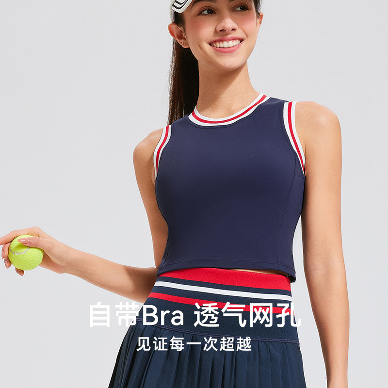带胸垫无袖运动背心女一体杯网球服复古撞色健身文胸瑜伽短款上衣