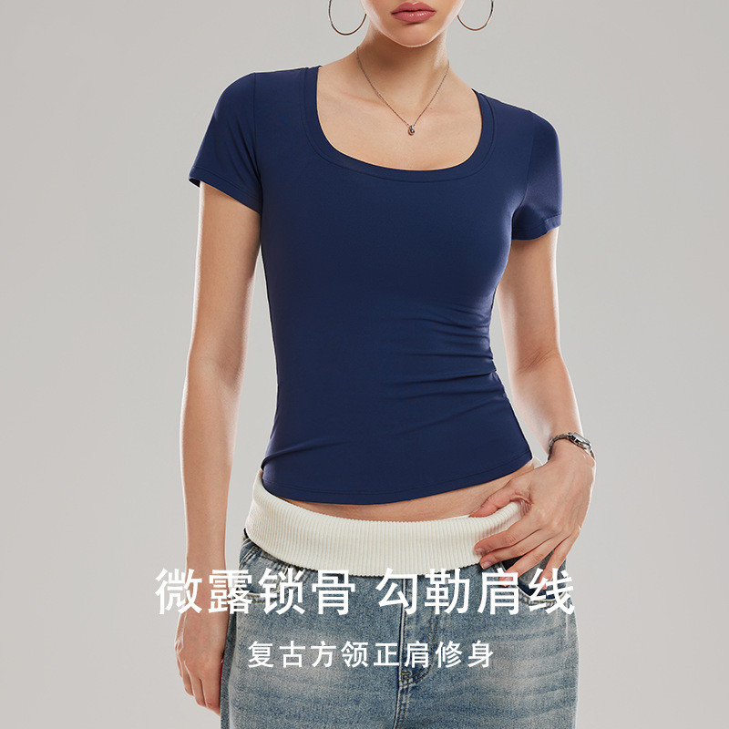 夏季方领正肩上衣女短袖高弹修身显瘦速干百搭u领T恤运动瑜伽上衣