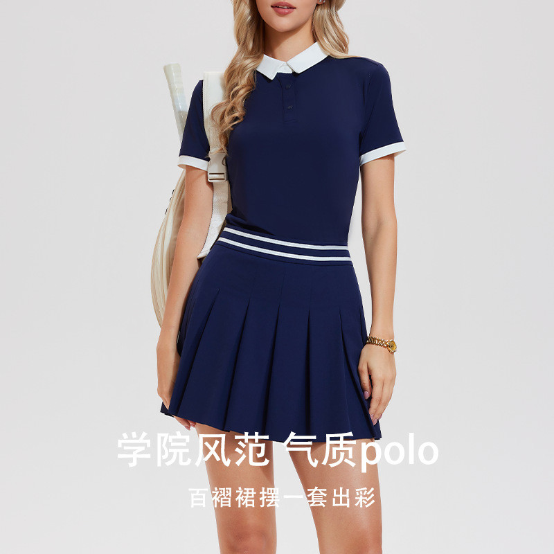 POLO短袖百褶裙网球服套装女夏户外高尔夫T恤休闲显瘦运动两件套