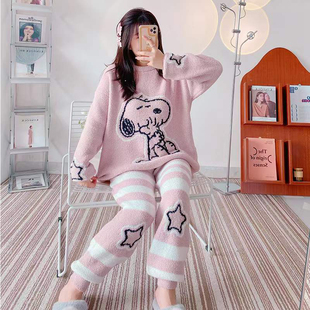加厚保暖套装 软绵绵睡衣女秋冬2021新款 珊瑚绒卡通小狗毛线家居服