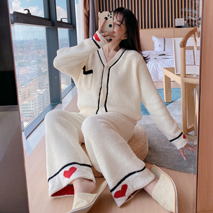 加厚睡衣女秋冬长袖 2022新款 ins网红软绵绵爱心休闲可出门家居服
