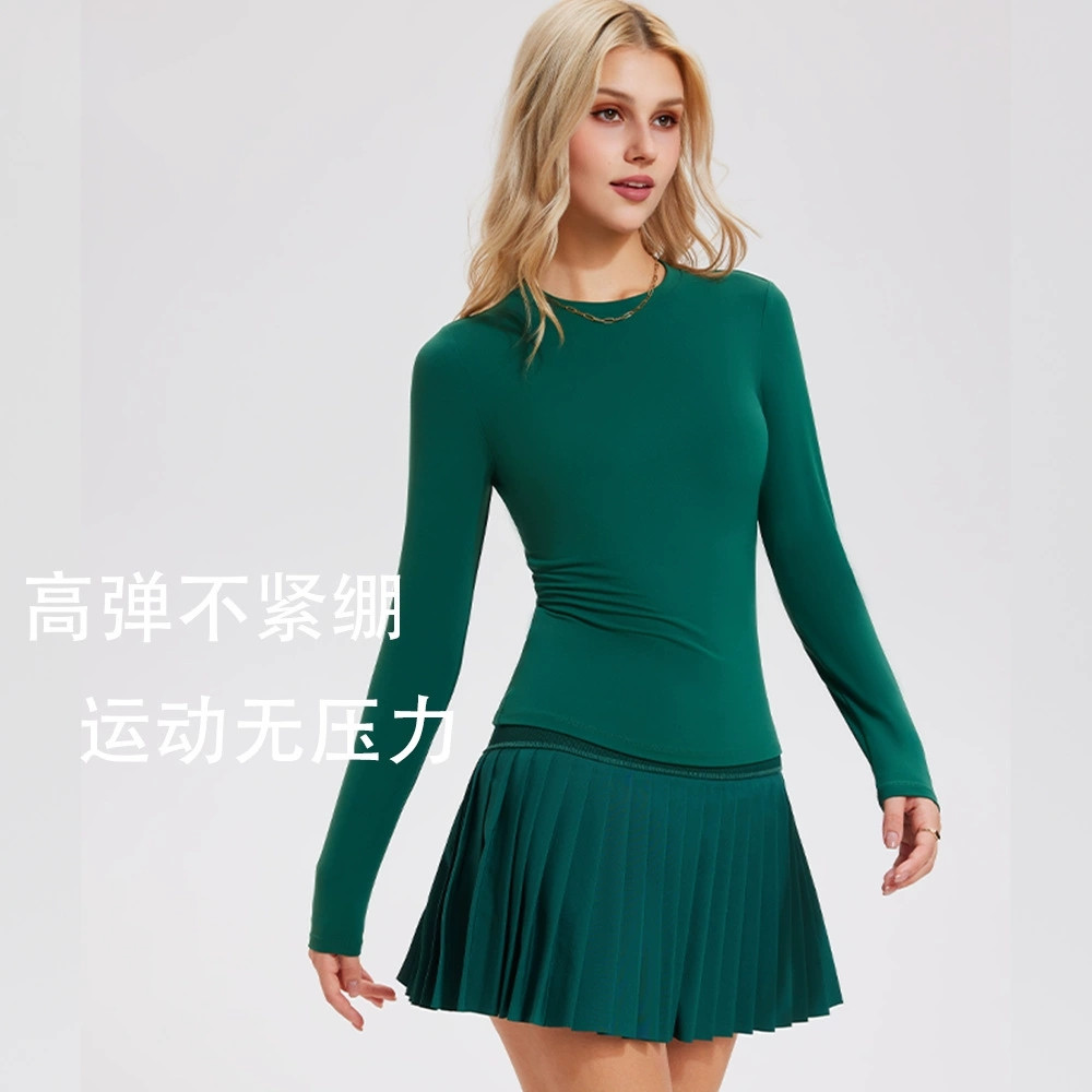 网球裙套装女长袖高腰修身显瘦上衣羽毛球跑步运动健身短裙两件套