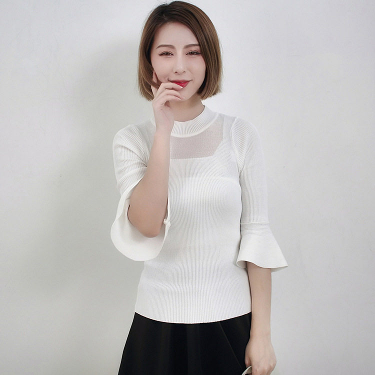 春夏新款欧美显瘦套头毛衫V领镂空喇叭袖短袖针织衫女短款