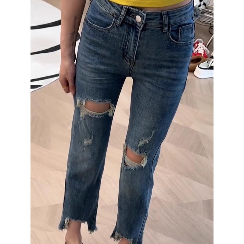 胖mm高腰宽松大码显瘦毛边九分烟管裤蓝色破洞直筒牛仔裤女夏薄款,女装/女士精品,大码裤装,淘宝优惠券,粉丝福利购,淘宝优惠卷