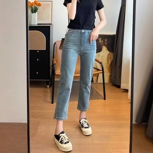 开叉弹力直筒牛仔裤女大码