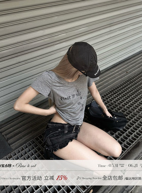 Rase le sol‘Misty Shadow’灰色字母印花T恤美式正肩短袖上衣