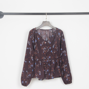 绛紫碎花V领修身显瘦灯笼袖雪纺长袖衬衫女法式浪漫收腰大码小衫