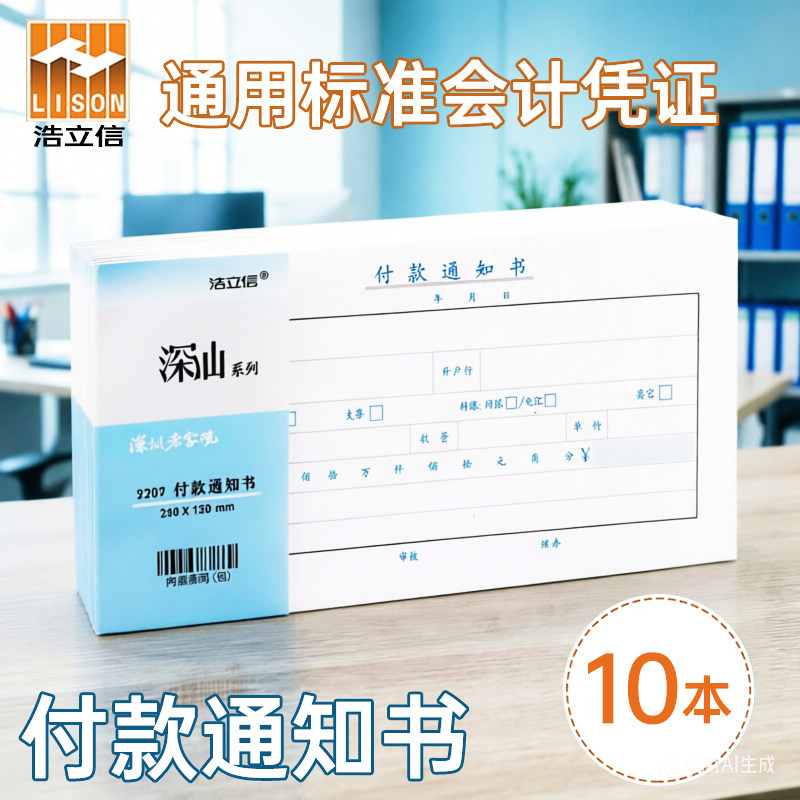 浩立信深汕付款通知书 全国通用标准记账凭证240*120mm现金支票汇款转账付款凭证单通用支付凭证财务会计用品