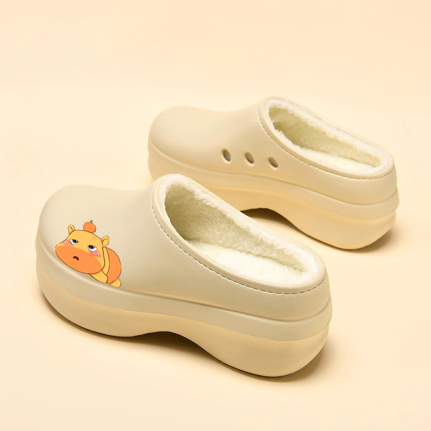 水豚噜噜厨师鞋女款厚底防滑包头半拖鞋加绒保暖防水棉拖鞋勃肯鞋