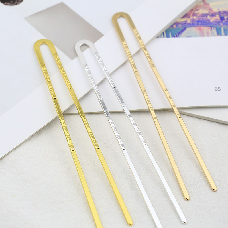 保色铸铜双直压花簪棍金银云纹发簪 diy复古U型发钗古风头饰配件