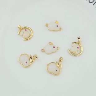 18k铜镀双吊兔年仿玉石月亮小兔玉兔吊坠diy手链项链饰品挂坠配件