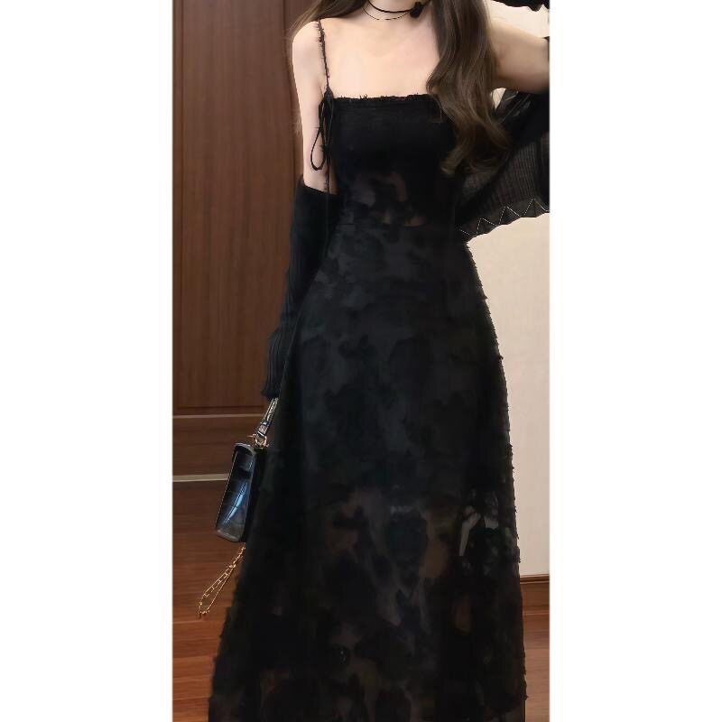 实拍法式提花吊带连衣裙性感裹胸时尚套装