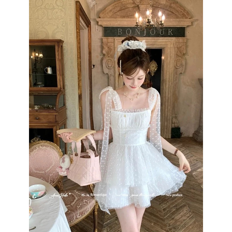 Acaine珍珠白茶/中长款白色网纱波点吊带连衣裙女夏季法式裙子