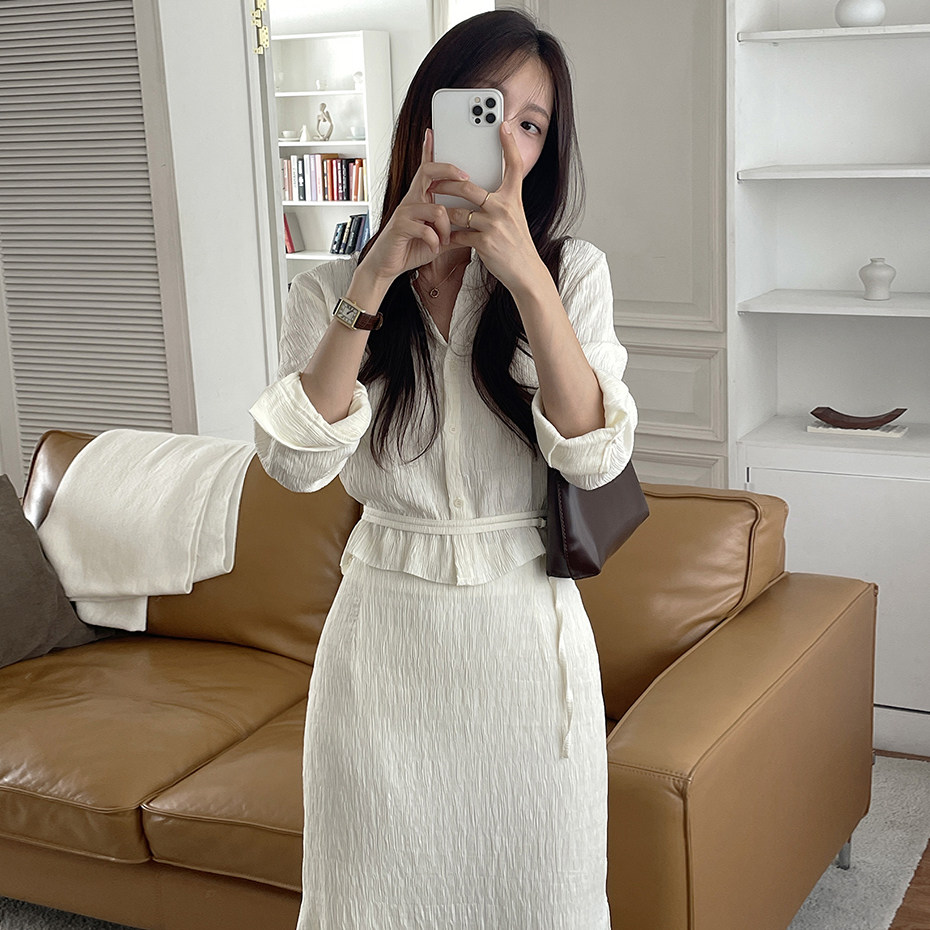 尺寸已更新 韩版简约百搭秋季长袖短款衬衣高腰修身半身裙套装