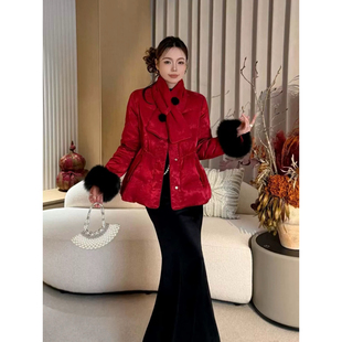 现货限量现货90白鸭绒新中式国风红色立领羽绒服狐狸毛围巾显瘦人