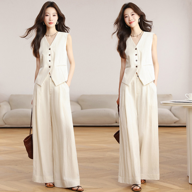 实拍 法式气质高级感穿搭套装女夏季新款老钱风马甲阔腿裤两件套