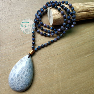 五宝町原创天然手工首饰品珊瑚玉蓝线石头记忆蓝紫色时尚贵气项链