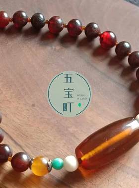 天然醫珀项链缅甸金棕珀桶珠连坠