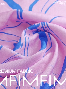 Z家 新款新花 亚麻加VI粉色调蓝色印花服装布料 幅宽145CM