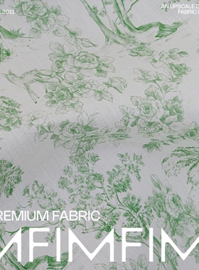 大牌同厂 .棉质面料白色底绿色印花服装布料 幅宽110CM