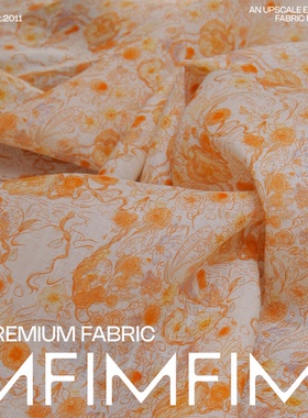 迷夜橙花 法国亚麻底部白色底橙色印花连衣裙面料 宽140CM 180G