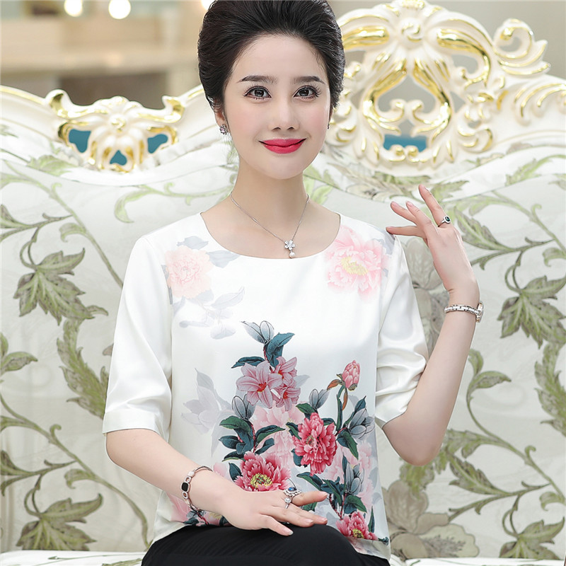 妈妈秋装桑蚕丝中袖T恤中年妇女夏装真丝短袖d中老年人半袖上衣服假一赔三