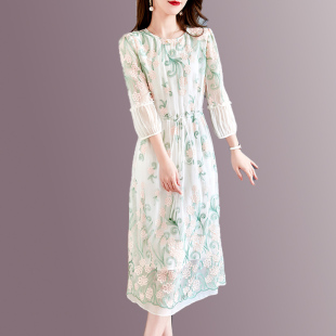 七分袖 绝美女神大码 桑蚕丝真丝连衣裙减龄时尚 春夏新款 中长裙 女装