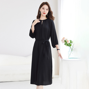 大码气质通勤时尚职业裙教师裙夏天黑色真丝桑蚕丝连衣裙收腰显瘦