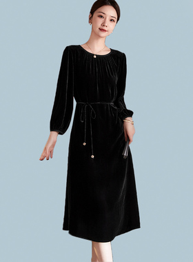 2024春秋新款真丝丝绒连衣裙女大码收腰黑色酒红色高级品牌中长款