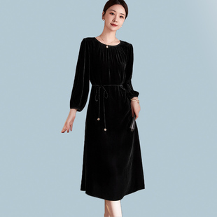 2024春秋新款真丝丝绒连衣裙女大码收腰黑色酒红色高级品牌中长款
