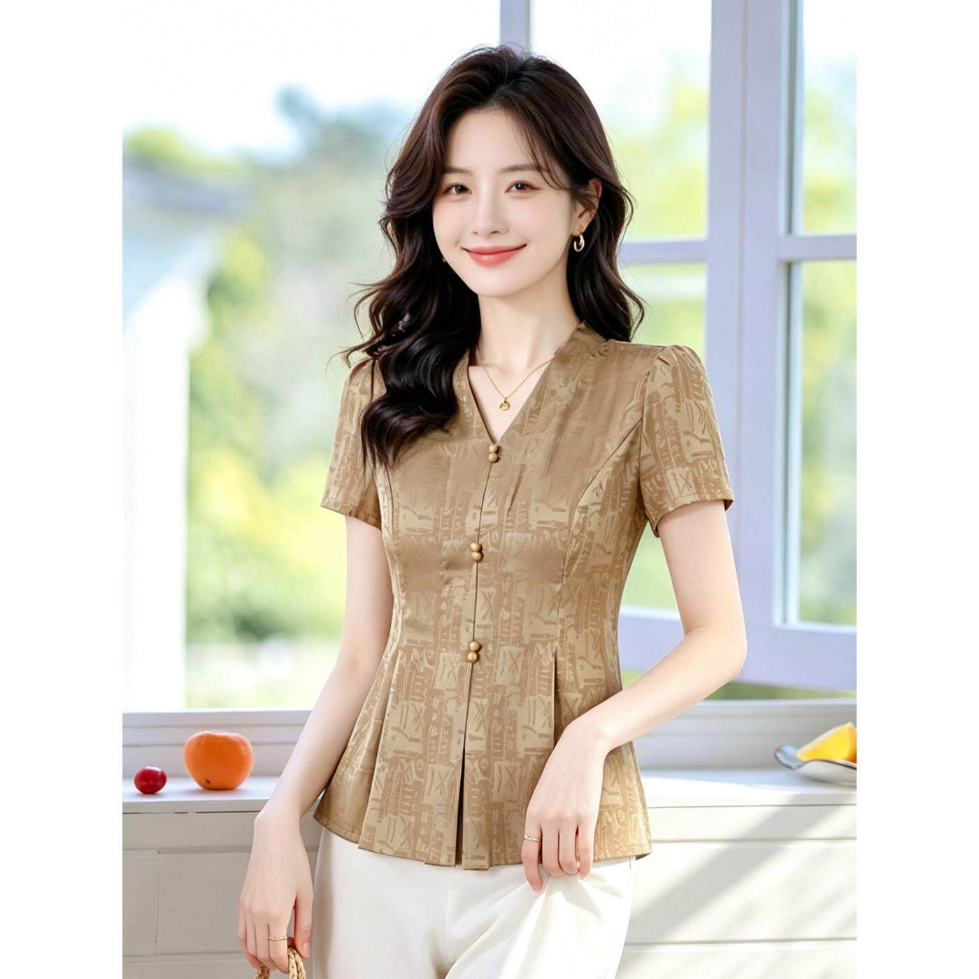 杭州高端大牌真丝短袖衬衫女夏季新款V领设计感收腰显瘦百搭上衣