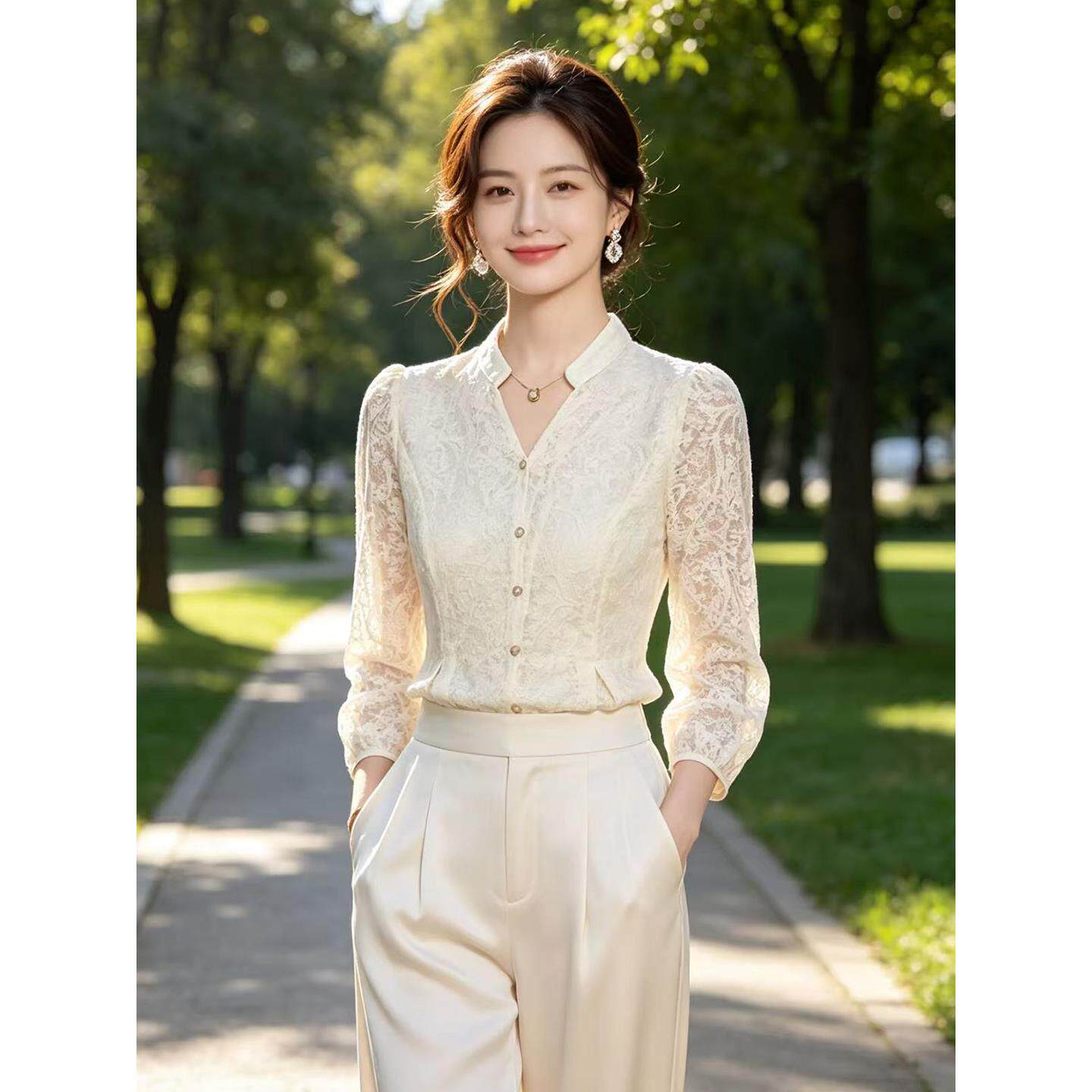 杭州高端大牌真丝衬衫女士2026夏季新款七分袖蕾丝小衫桑蚕丝上衣