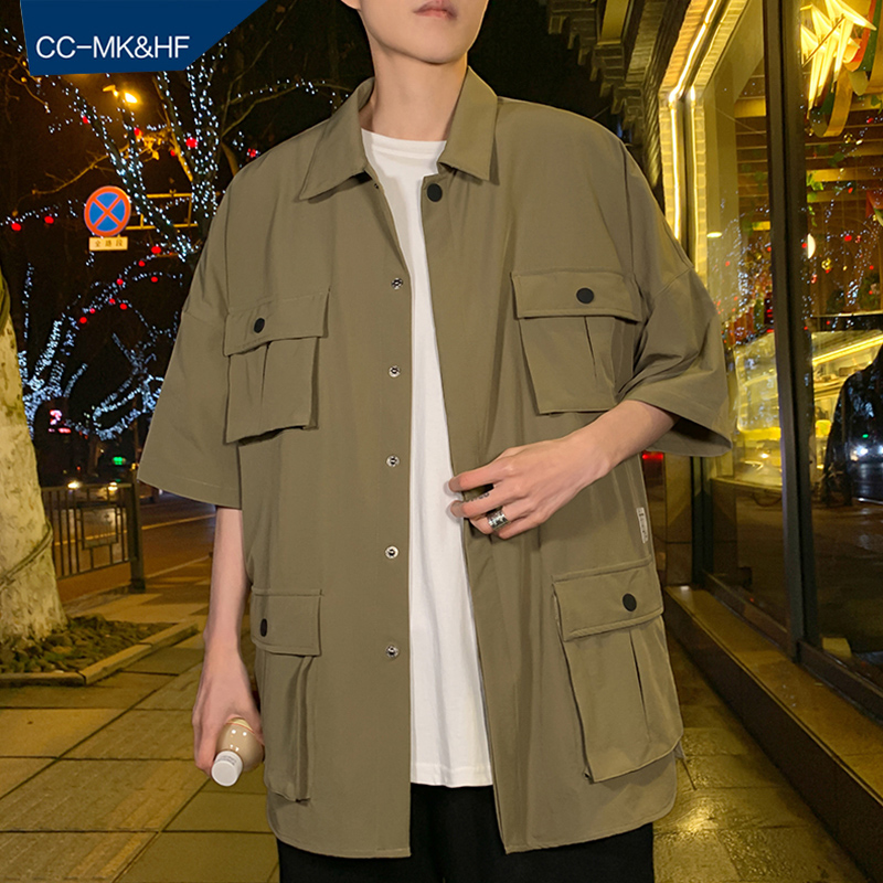 日系复古ins潮牌短袖衬衫男五分袖潮男韩版原宿风bf港风冰丝外套