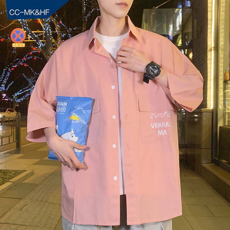 情侣短袖衬衫男夏季工装宽松潮原宿风ins潮牌bf港风五分中袖外套