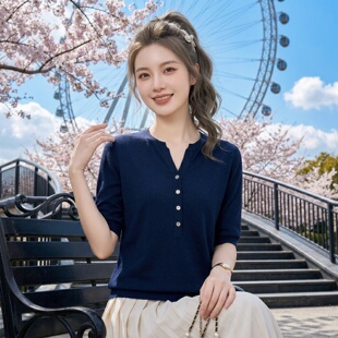 V领超好看套头毛衣女宽松外穿春季新款深蓝色简约韩版针织上衣
