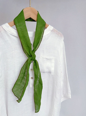 复古文艺绿色100%亚麻小领巾女夏秋硬挺细窄长条丝巾配衬衫绑发带