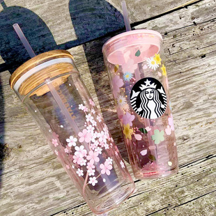 韩国星巴克杯子秋季小熊大容量木纹盖双层樱花玻璃吸管杯591ml