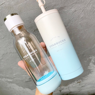 星巴克杯子蓝白渐变款玻璃内胆蓝色水杯保温杯随行杯锈钢吸管杯