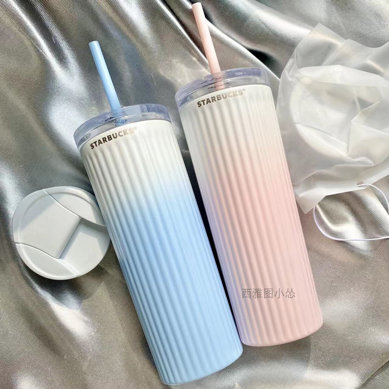 星巴克春季粉色条纹吸管保温杯