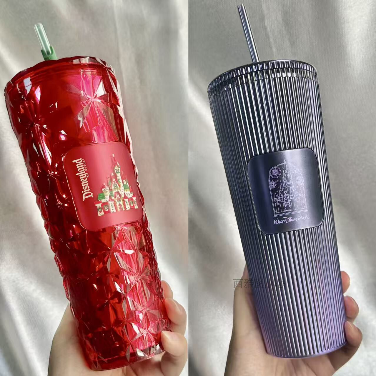 美国星巴克杯子迪士尼合作款红色暗夜紫竖条纹吸管塞大容量榴莲
