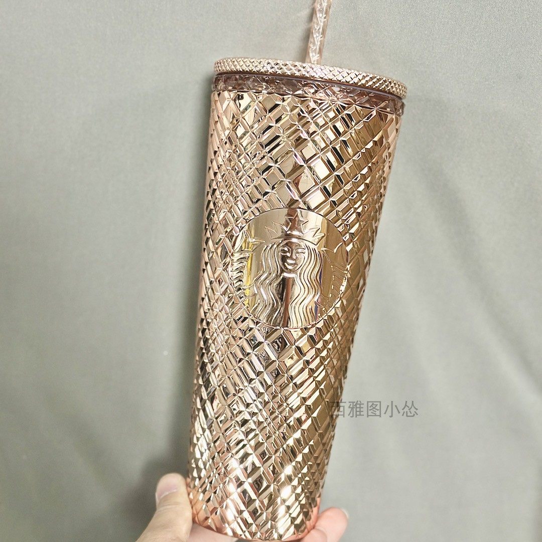 星巴克杯子韩国圣诞710ml金色斜方格纹塑料吸管杯榴莲大容量随行