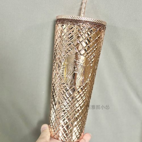 星巴克金色斜方格纹塑料吸管杯