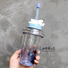 星巴克杯子韩国2022黑色简约双层吸管杯大容量喝水杯710ml随行杯