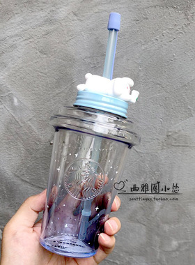 星巴克杯子韩国2022黑色简约双层吸管杯大容量喝水杯710ml随行杯