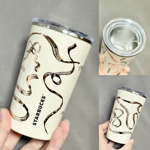星巴克杯子美国圣诞玫瑰金丝带米白色随行杯不锈钢咖啡桌面水杯