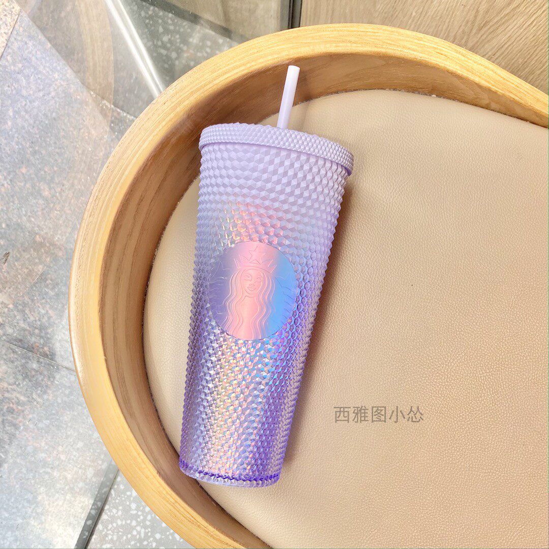 星巴克2023夏日杯子渐变浪漫紫色炫彩榴莲塑料大容量吸管杯710ml