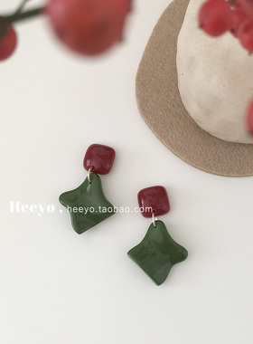 heeyo 苔庭春昼/ 新中式红绿撞色耳夹耳环新年复古气质耳饰耳坠