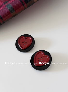 heeyo 黑巧盐心/ 少女个性红黑色爱心耳夹银耳钉设计感夸张大耳环